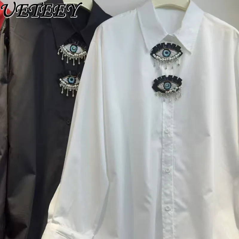 2025 Autumn Elegant White Shirt Top Cute Cartoon Eyes High-end Beaded Personality Long Sleeve Blouse for Women Camisas De Mujer