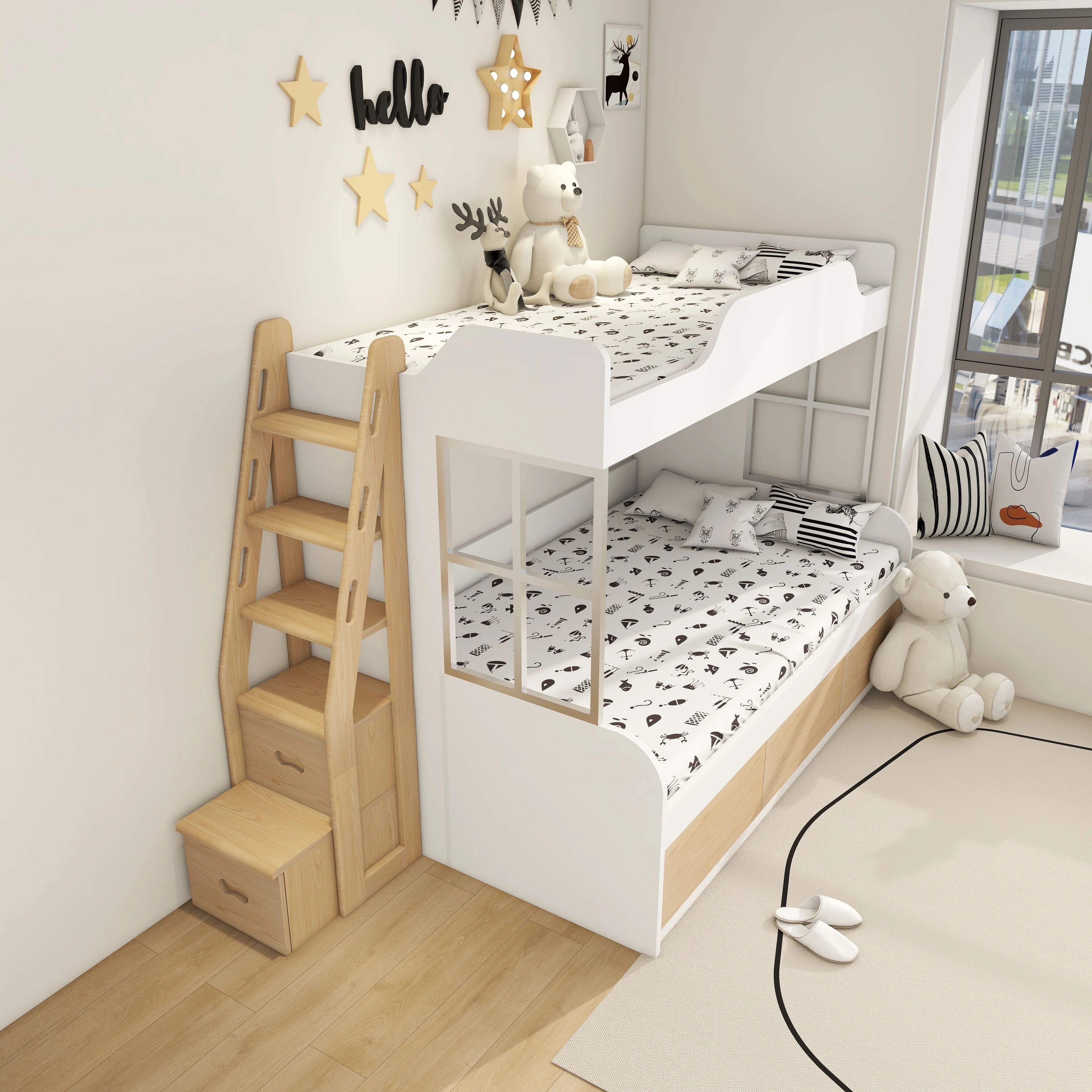 Lemari tangga kayu solid, tempat tidur susun, lemari tangga, tempat tidur induk, lemari tangga anak, tempat tidur anak multifungsi