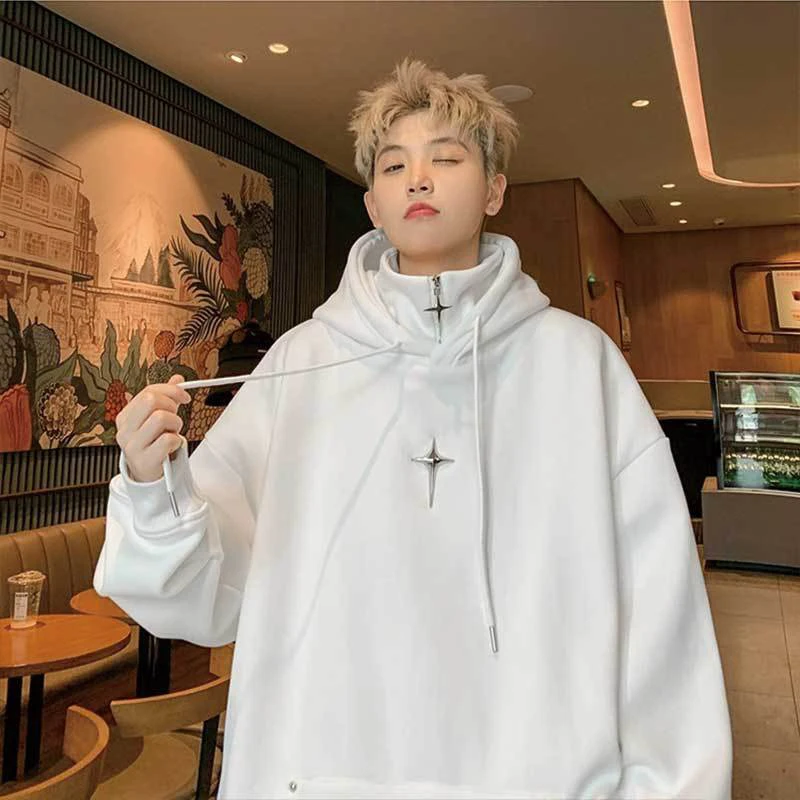 Fake Two Piece Cross Zipper Turtleneck Fleece Fall Winter Long Sleeve Clothes Fashion Casual Hooded Harajuku Men Vintage Tops