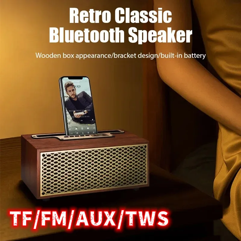 XM-5 Retro Wood Bluetooth Speaker Double Horn HiFi Stereo Subwoofer Boombox Portable FM Radio Mobile Phone Stand Speaker TWS/AUX