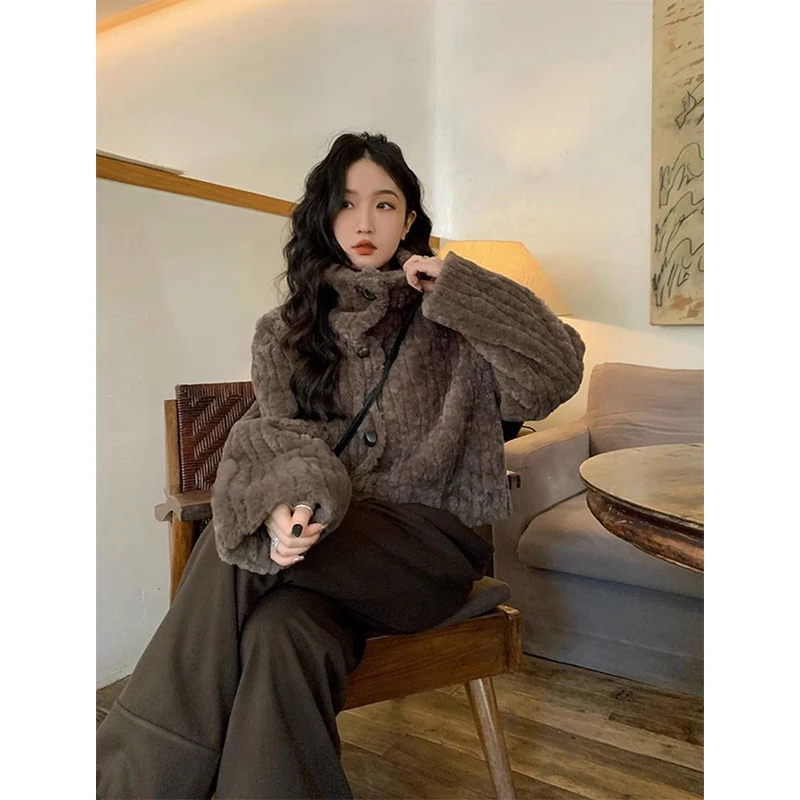 MEXZT Vintage Cropped Faux Fur Coat Women Elegant Stand Short Fluffy Jackets Winter Streetwear Korean Plush Outwear Overcoat New