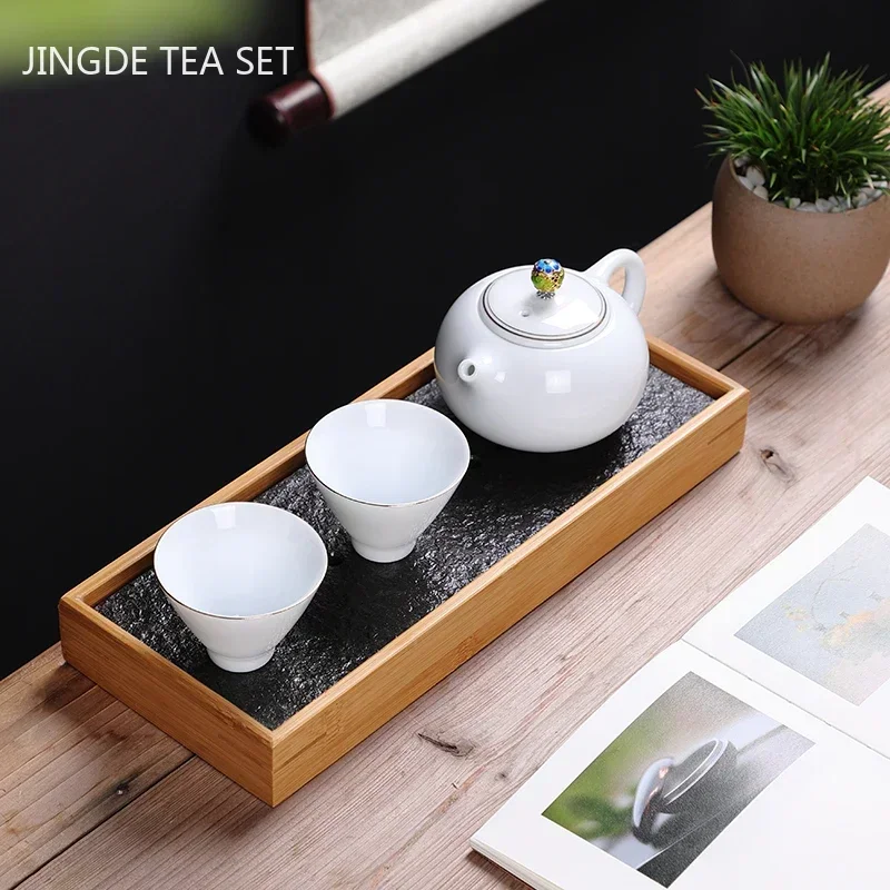 Natural Bamboo Double Layer Black Stone Tea Tray Rectangular Water Storage Small Tea Tray Chinese Tea Ceremony Accessories