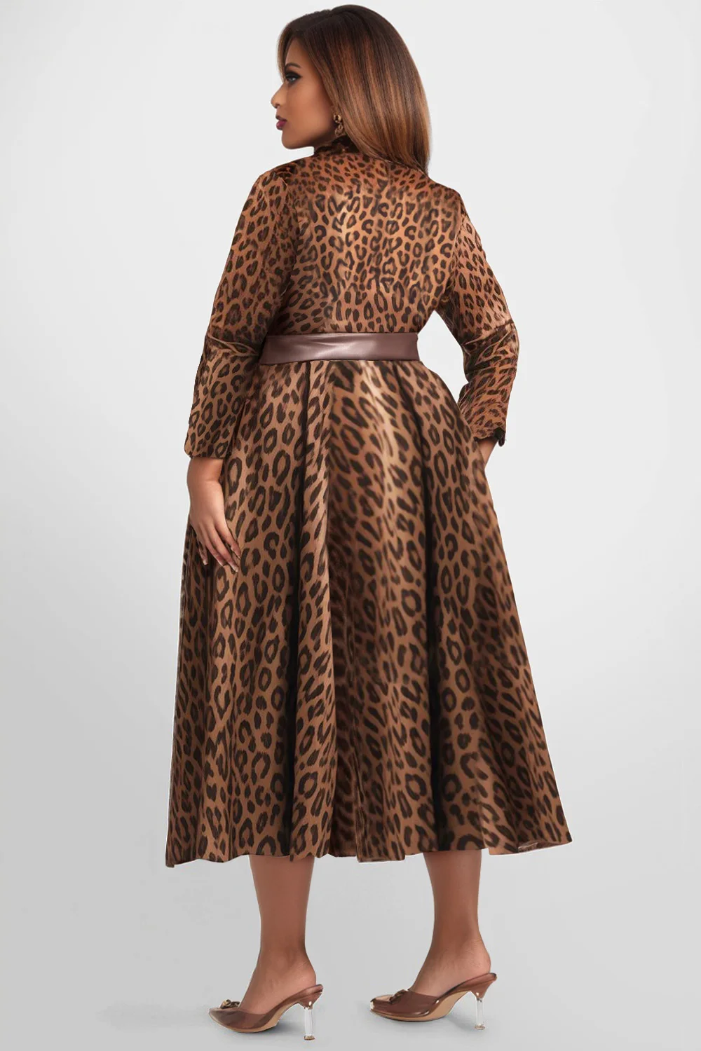 Plus Size Business Casual Brown Leopard Shirt Collar Long Sleeve Pocket Wrap Satin Midi Dresses for Women