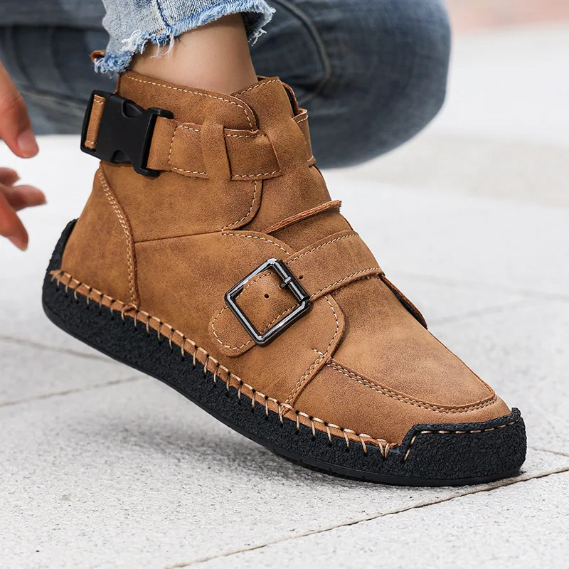 

New Mens Genuine Leather Shoes Luxury Slip on Shoe Handmade Ankle Boots Comfortable Spring Fashion Women Mid Cut Handmade Shoes