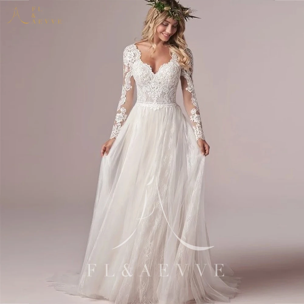 Bohemian Long Sleeves Women Wedding Dresses V-Neck Appliques Bridal Gowns Graceful Formal Dress Vestido De Noiva Customized