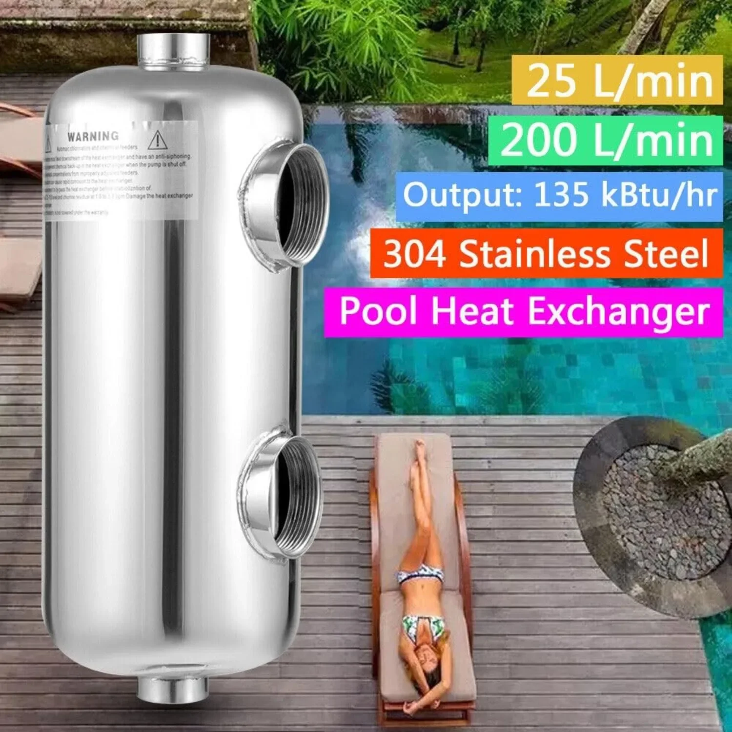 

Stainless Steel Shell and Tube Heat Exchanger 135 k Btu/Hour SS304 Same Side 1" + 1 1/2" FPT for Salt Water Swimming Pools