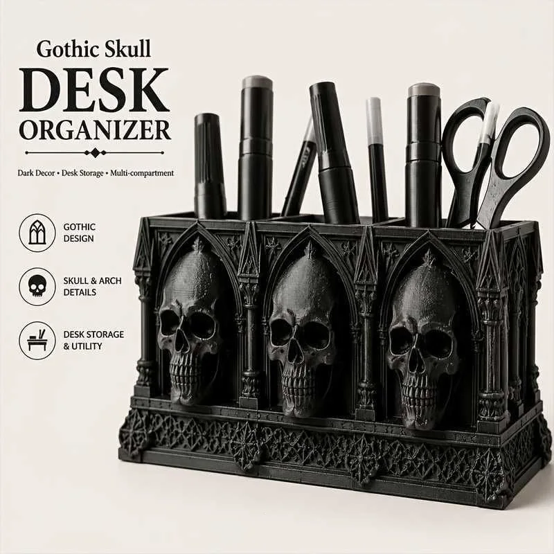 Skull Pen Holder, Multifunctional Gothic Desktop Makeup Brush Storage Pot
