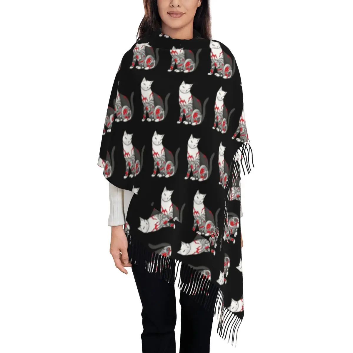 

Шарф унисекс «Кот в вишне», Длинная зимняя и осенняя теплая шаль с кисточками, под заказ