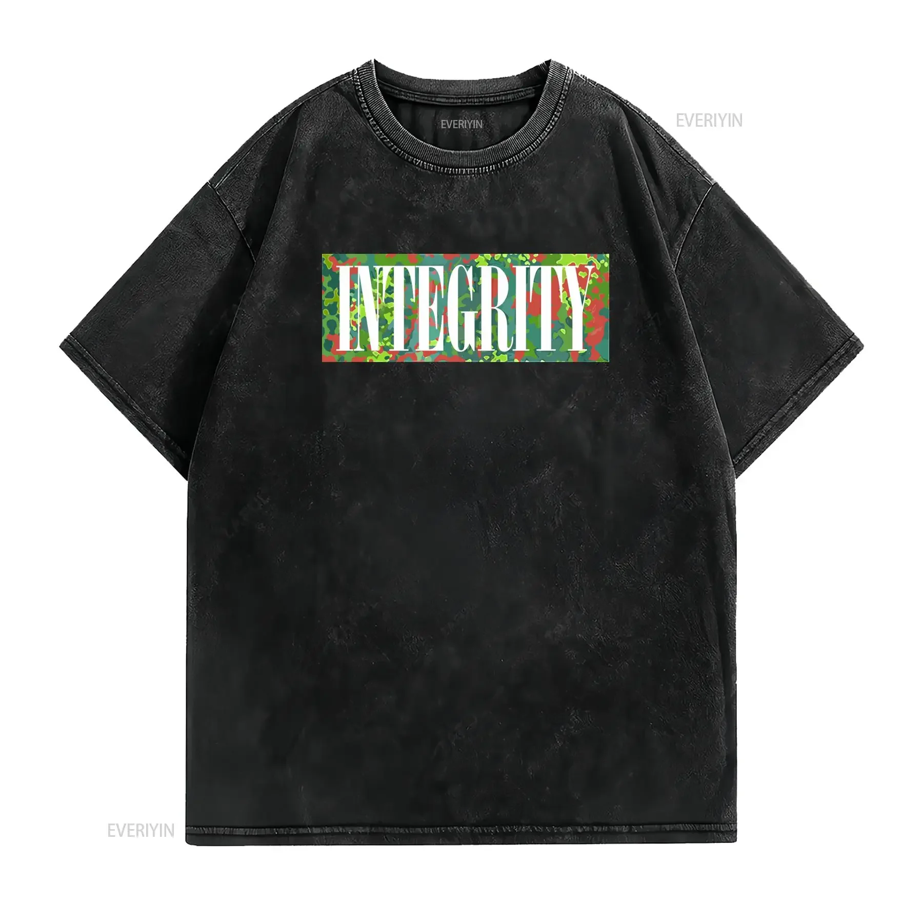 Streetwear Integrity Slogan Camouflage Background Print Casual T Shirt vintage Washed designer clothes graphic Comfortable
