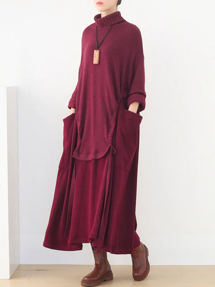 SHENGPALAE Big Pockets Draw String Design Red Dress Long Sleeve Turtleneck Loose Women Dresses 2024 Autumn New Tide 5C1535