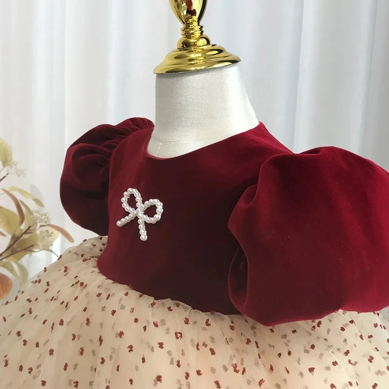 Vestido infantil de veludo vermelho vinho, vestidos infantis para festa de aniversário, casamento, bebês meninas princesa Tulle vestido, adolescentes crianças, novo