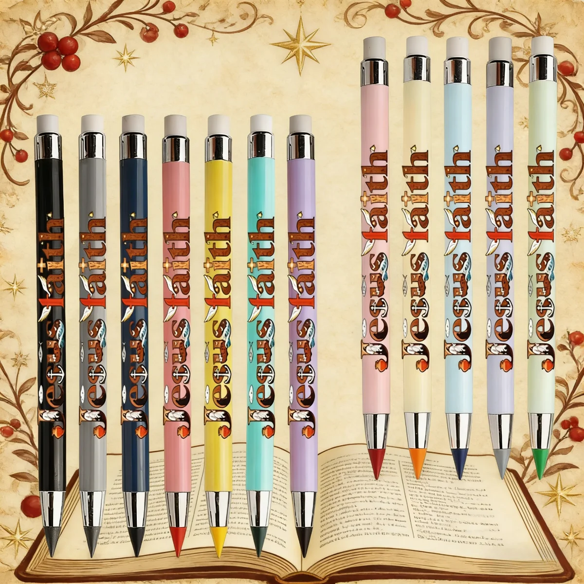 

12pcs/24pcs Jesus Savior Creative Eternal Pencil Scripture Copying Pen Religious Belief Colored No-sharpening Pencil