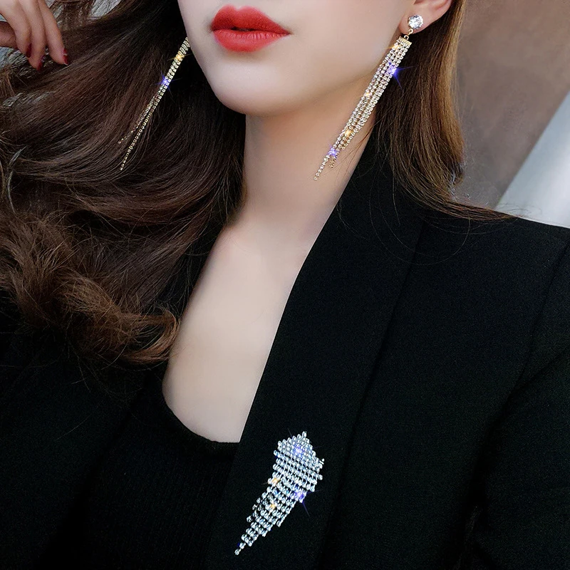 Luxury Crystal Rhinestone Long Tassel clip Earrings for Women Bridal Non Pierced Dangling circle Earrings Party Wedding Jewelry