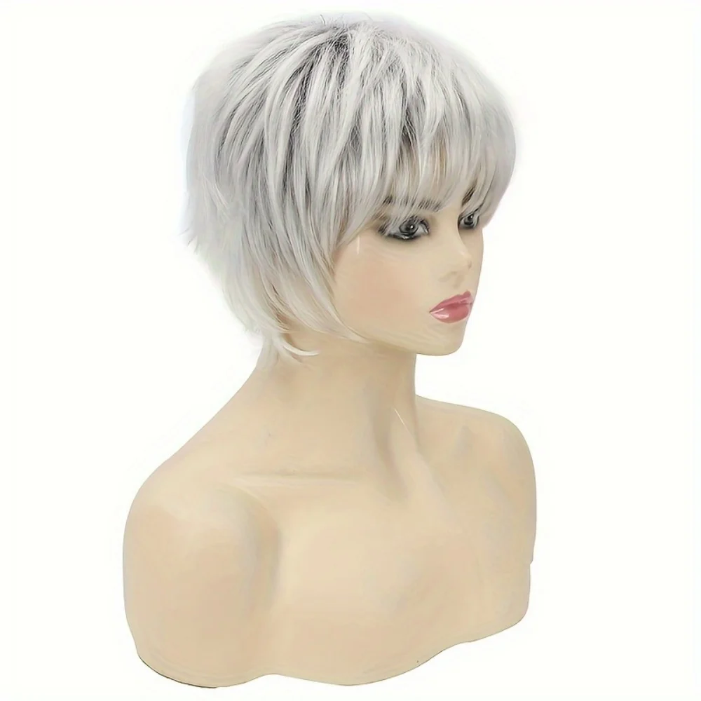 Short Silver Grey Synthetic Wigs for Women Blend with Healthy Memory Fiber Pixie Curly Wig With Bang Natural Daily Use Hair