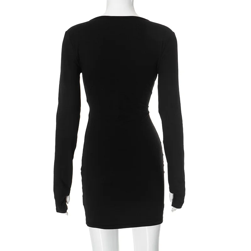 SKMY Women Clothes Low Cut V-Neck Slim Fit Black Dress Fashion Metal Decorative Sexy Party Solid Color Long Sleeve Bodycon Dress