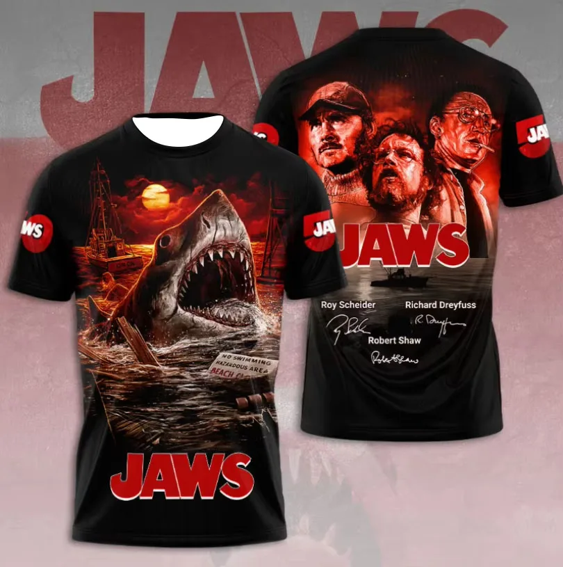 Camisetas Clássicas de Manga Curta para Homens e Mulheres com Estampa 3D do Filme e Televisão Jaws, Perfeitas para Atividades ao Ar Livre e Esportes.