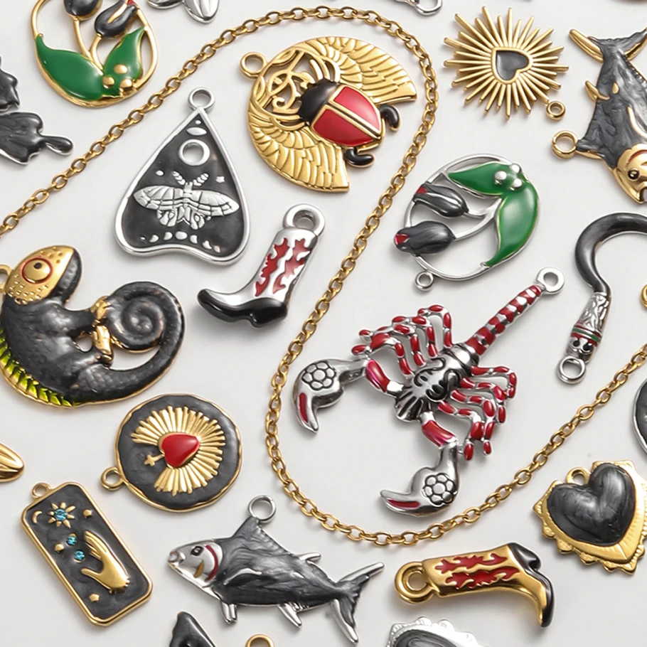 

6pcs Wholesale Black Enamel Animal Charm Butterfly Insect Fish Pendant Stainless Steel Charms For Jewelry Making Bulk Components