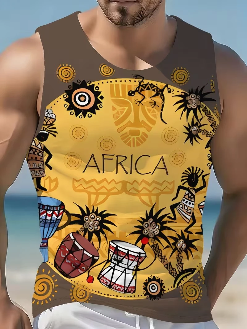 Men African Ethnic 3D Print Tank Top Vintage Camel Totem Graphic Sleeveless Shirt Casual Gym Beach Summer Breathable Street Tops