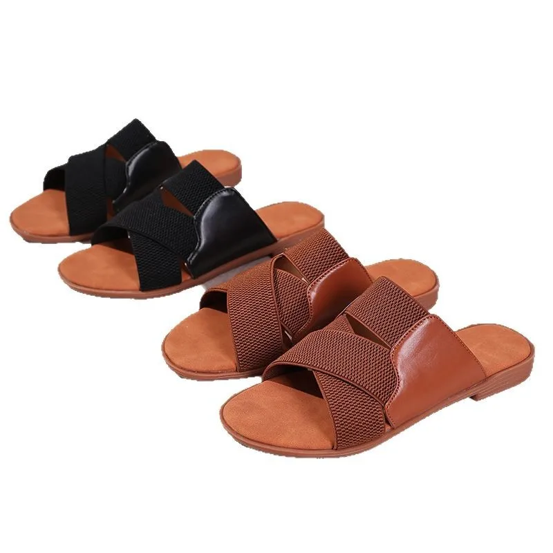 Plus size chinelos planos femininos 2025 verão novo cross-elástico exterior usar sandálias de praia e chinelos para mulher