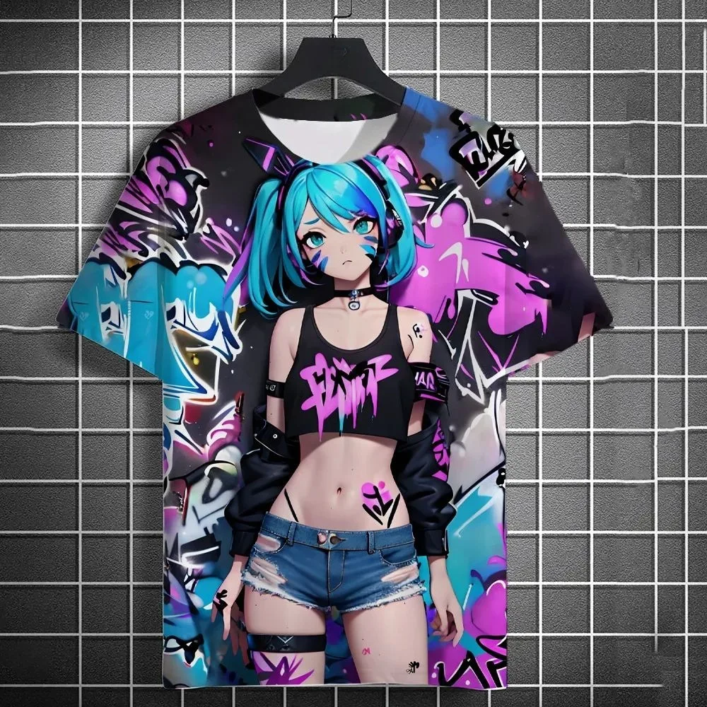 Graffiti Anime Girl Graphic Men T‑Shirt Y2K Harajuku Streetwear Casual Short Sleeve O‑Neck Tees For Anime Fans Summer Tops