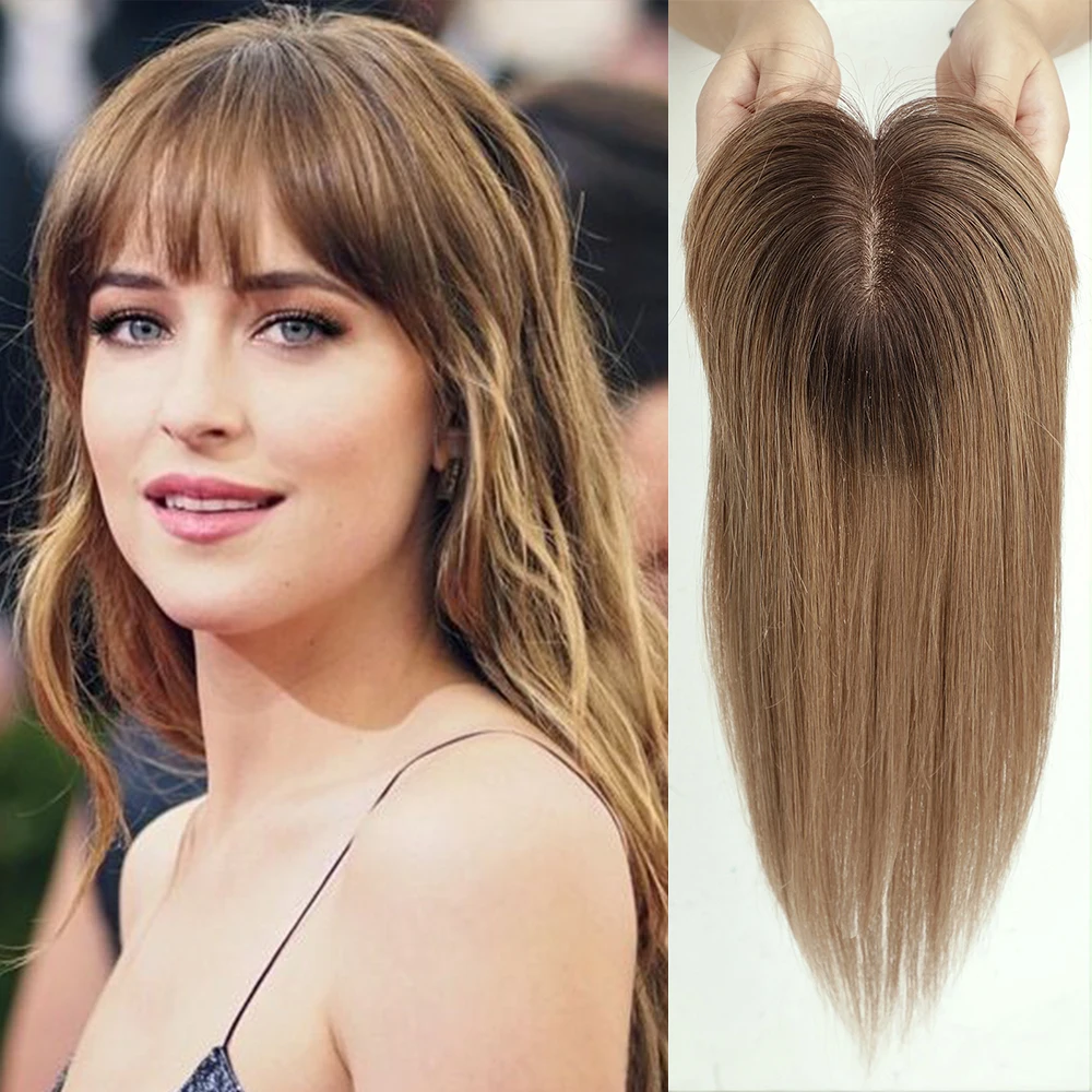 Brown Ombre100% Remy Human Hair Toppers with Bangs Hair Pieces Silk Base Clip in Topper Top Hair for Women with Thinning Hair