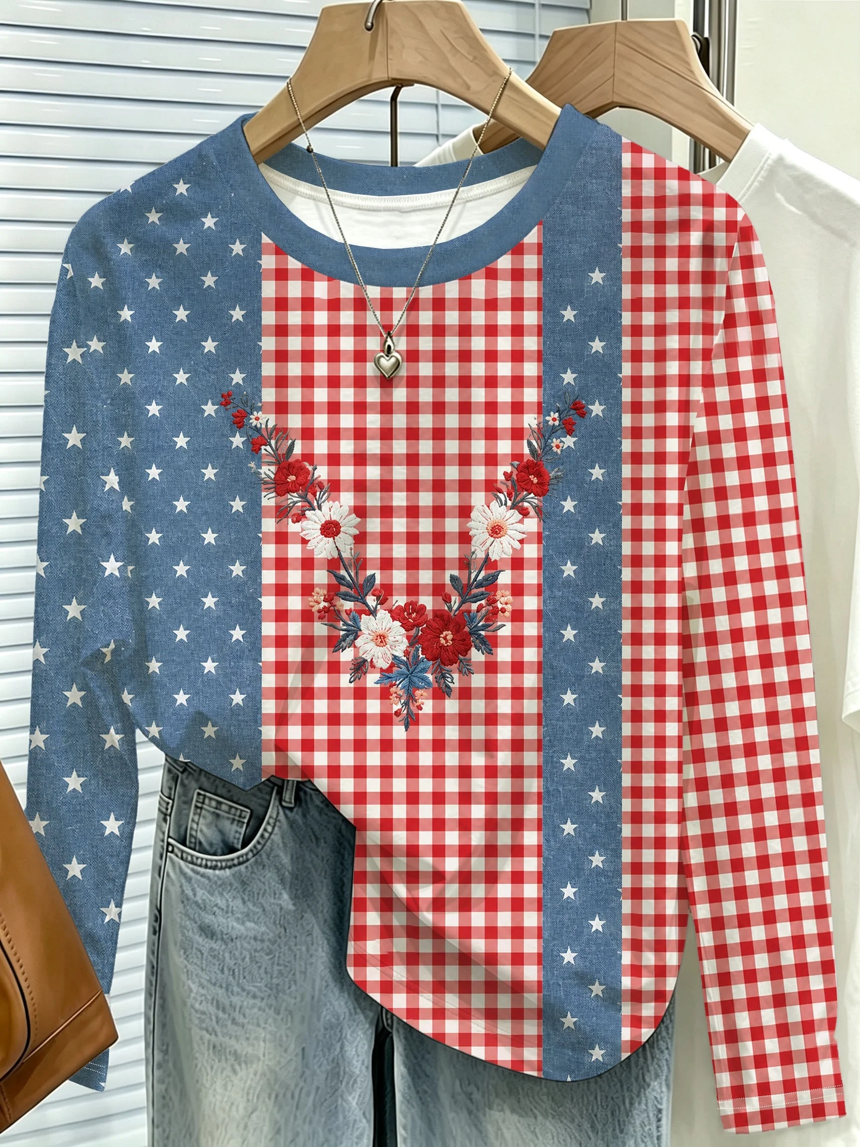 Women Long Sleeve T Shirt Star Plaid Floral Splice Print Autumn Fashion Casual Holiday Party Top Women's Clothes
