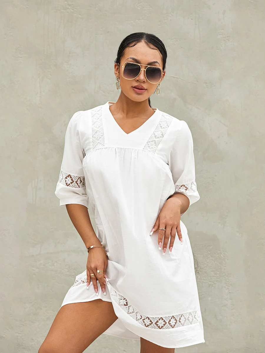 2024 New women's Summer Mini Dress 2024 Fashion Ladies Bohemian mezza manica con scollo a V tinta unita Beach covers-ups Flowy tunica Dress