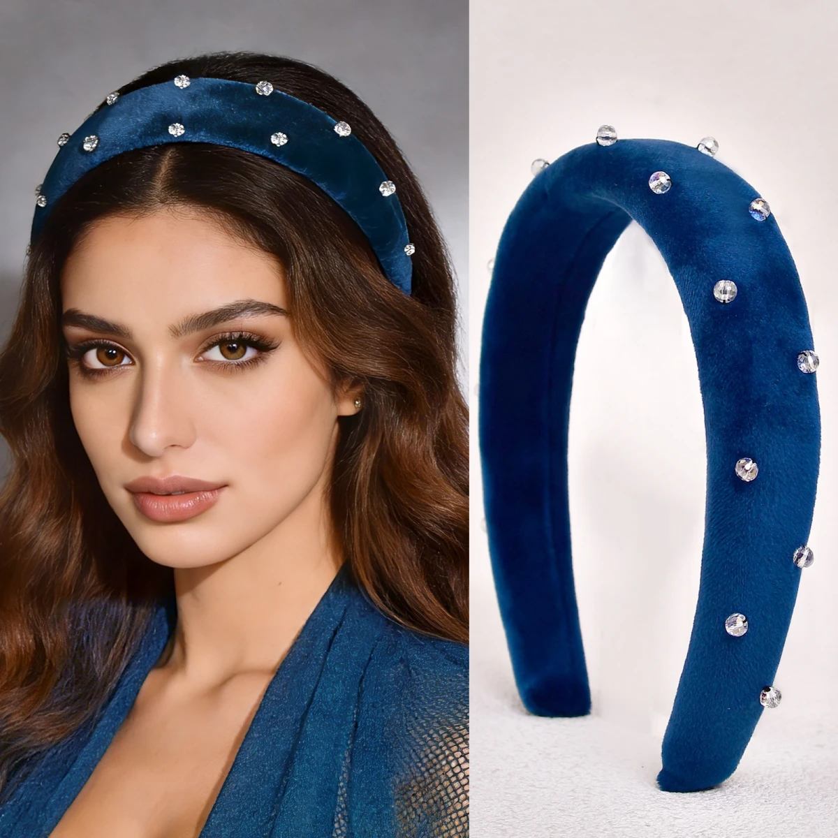 

Новинка: Женская утолщенная повязка на голову с широким бархатным кантом, молодежный стиль, с губчатой подкладкой и стразами, модель SA17