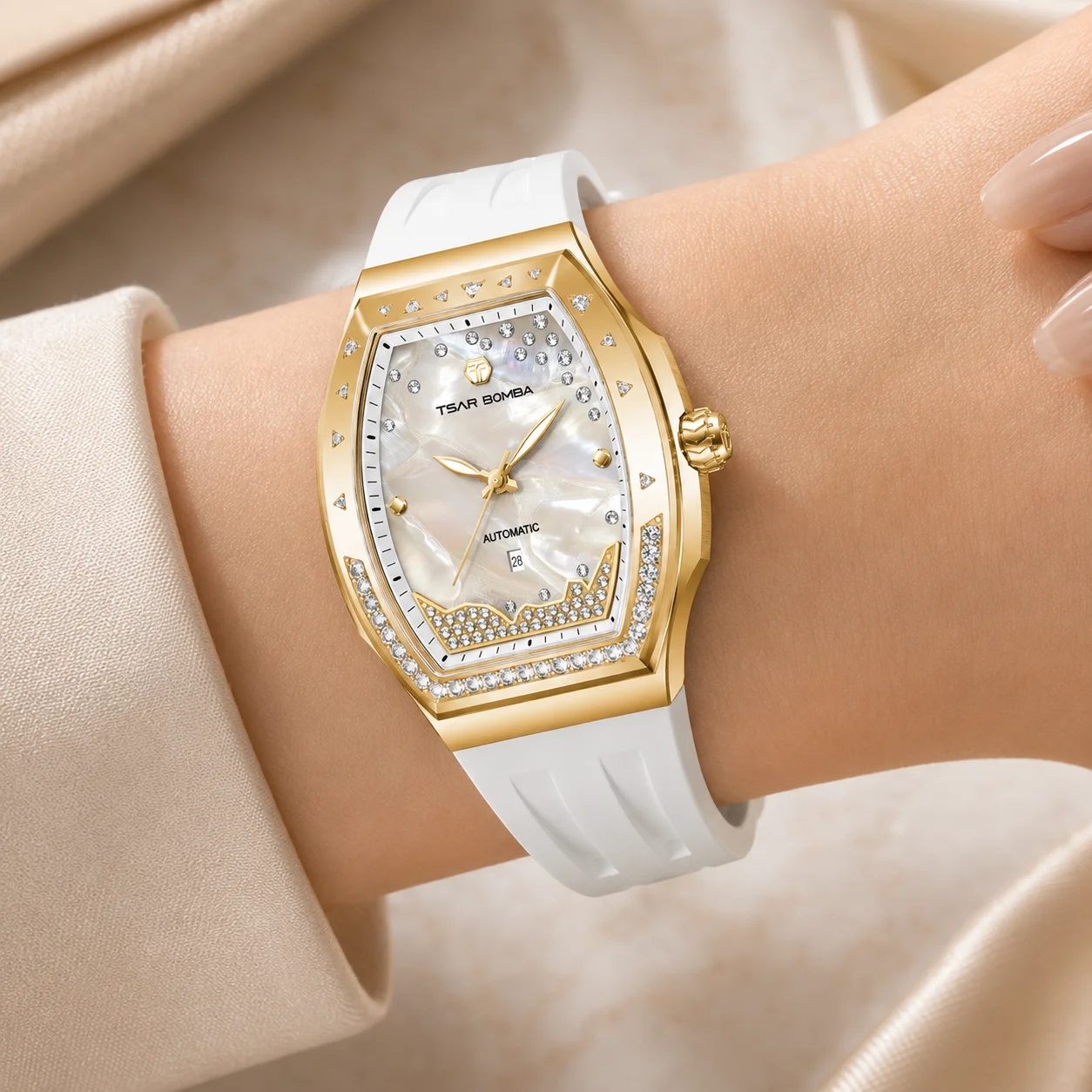 TSAR BOMBA TB8233LG Women's Automatic Mechanical Watch Lab-Grown Diamonds Sapphire Crystal 50M Waterproof FKM Strap Tonneau Date