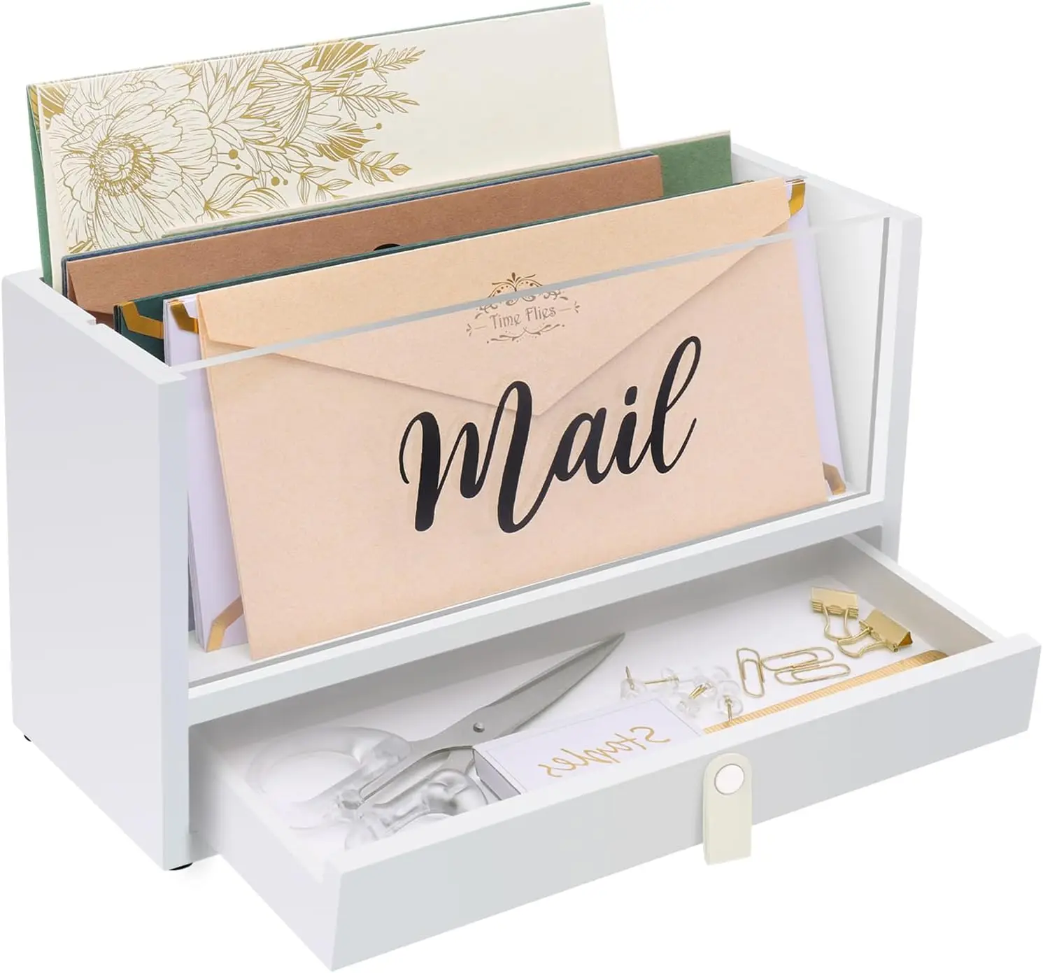 

Solid Wood Mail Organizer with Acrylic Top & Drawer, Leather Handle, Holds 100+ Letters