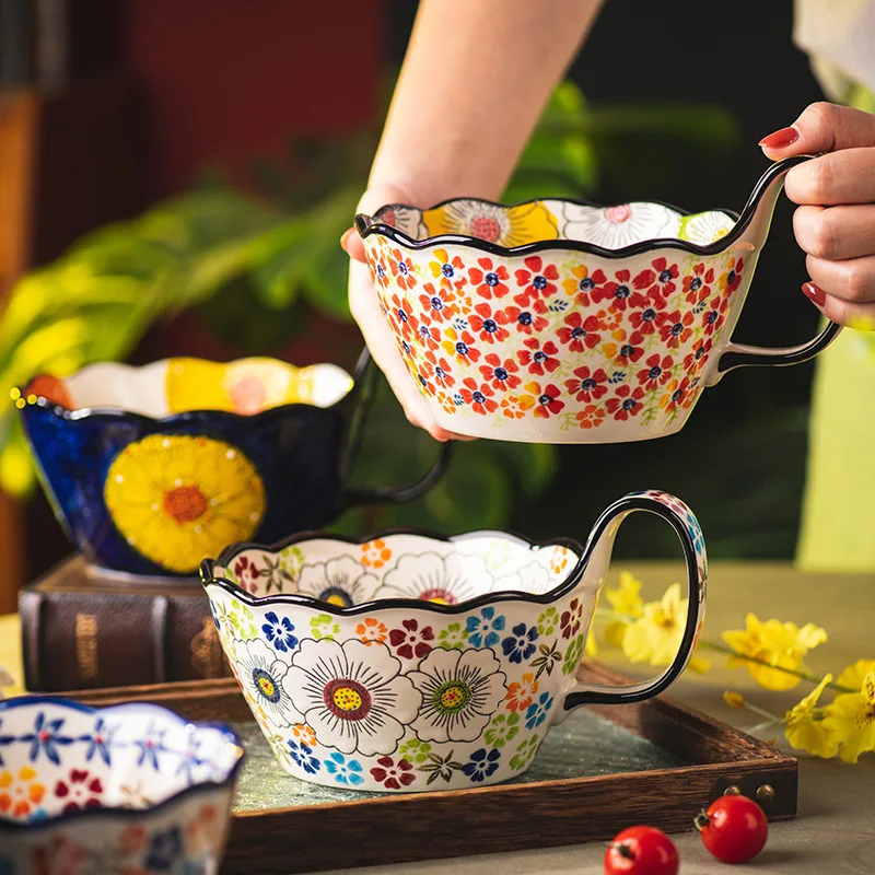 Hand-Painted Ceramic Handle Bowl Set, Vintage Soup Noodle Salad Bowls – Unique Kitchen Tableware Gift for Home