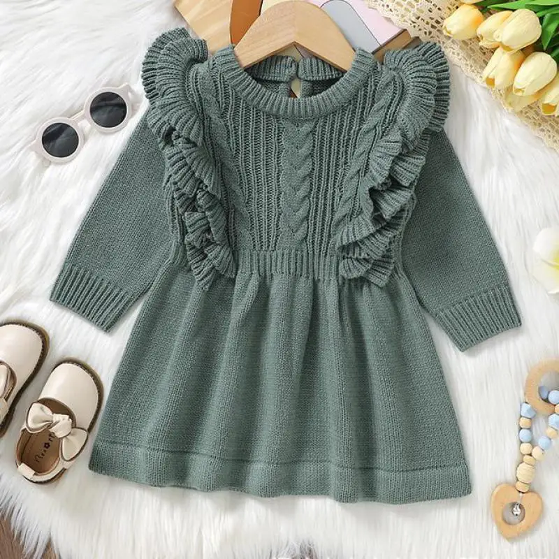 Autumn Winter Children\'s Clothing Girl Baby Solid Knitted Flouncing Long Sleeve Dress Fashion Kids Knit Casual Princess Dresses