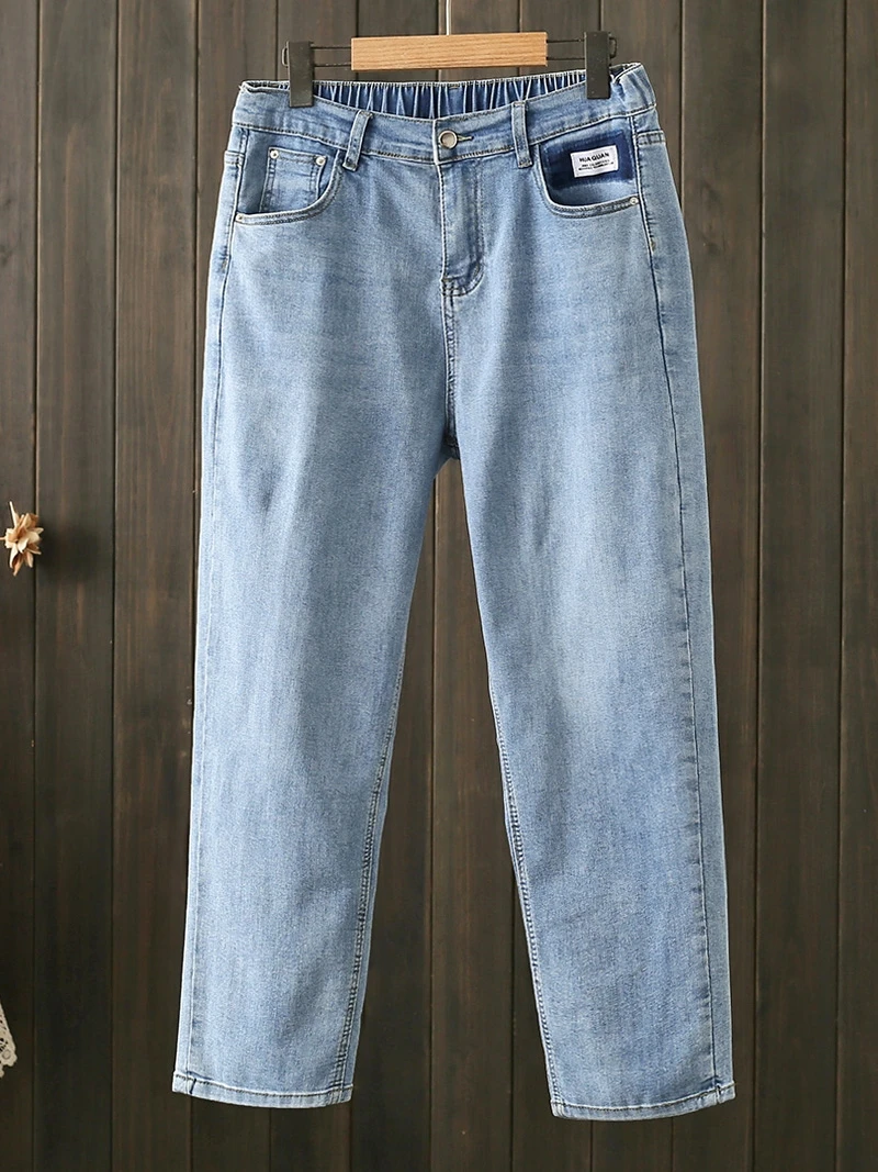 

High Waist Straight Leg Jeans Women's Spring Autumn plus Size 200 Pounds Slimming Light Color Nine Point Small Size Smoke Tub...