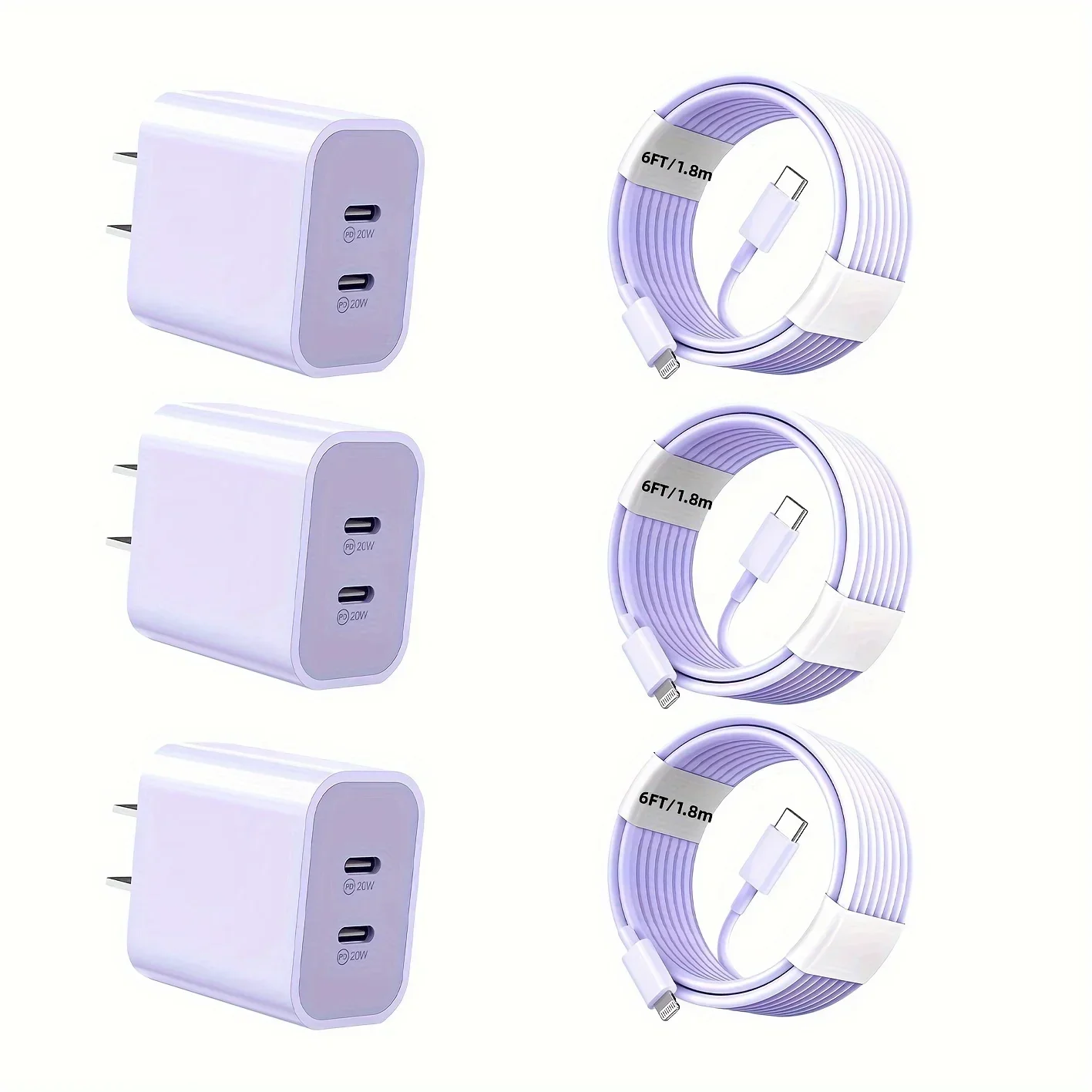 

3-Pack For IPhone Fast Charger, 40W Dual USB-C Port Wall Charger With 6FT USB-C To Lightning Charging Cord For IPhone 13/12/11
