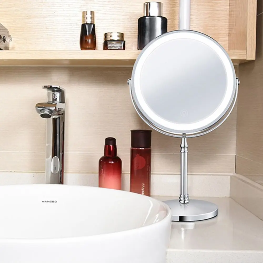 Miroir de maquillage Double face avec lumière LED, miroir cosmétique de forme ronde de 8 pouces, miroir grossissant de bureau 10X pour la maison