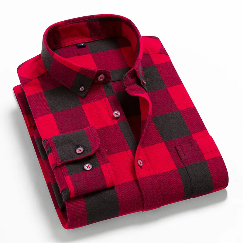

Fashion Men Flannel brushed Plaid Shirt 100% Cotton Spring Autumn Casual Long Sleeve Shirts Soft Comfort Slim Fit Brand For Man