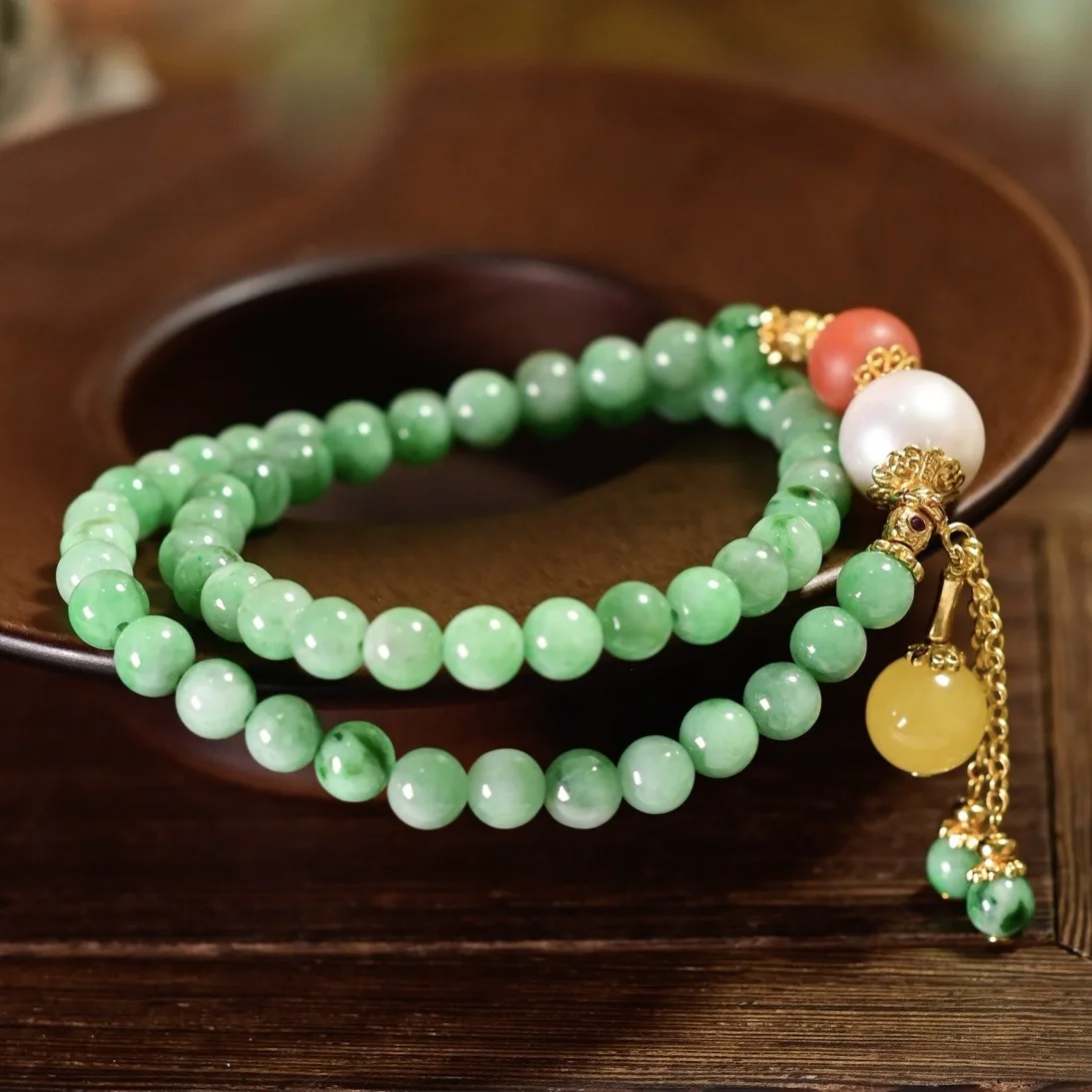 Natural A‑Grade Floral‑Jade Double‑Loop Bracelet,Freshwater Pearl Amber South Red Agate,S925 Silver Chinese‑Style Women Gift