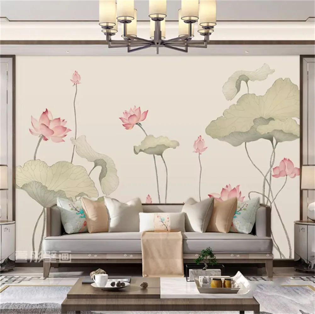 Customized wallpaper new Chinese style TV background wall paper lotus flower wallpaper living room sofa decoration mural paintin