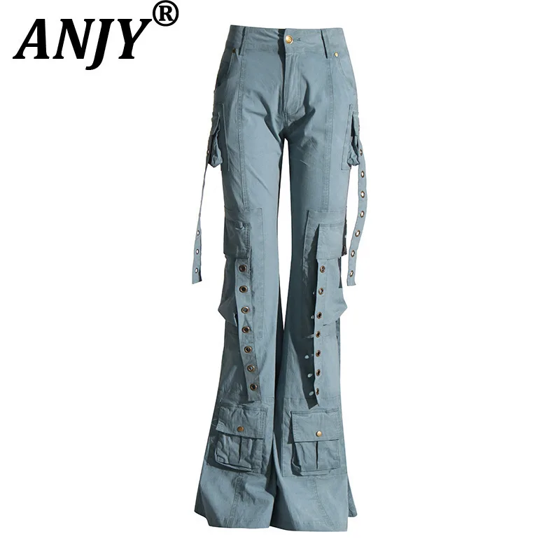 

ANJY Autumn New Women Chic High Street Y2K Trendy Multi-pocket Cargo Pants Vintage Distressed Ribbon Slim Fit Flared Jeans A7142