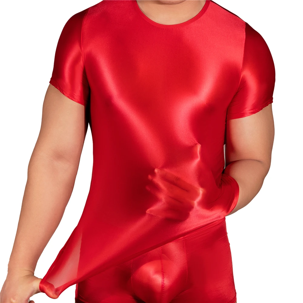 

Men's Transparent Slim Smooth Sexy T-shirt Round Neck Tight Elastic Top Fitness and Bodybuilding Sports T-shirt