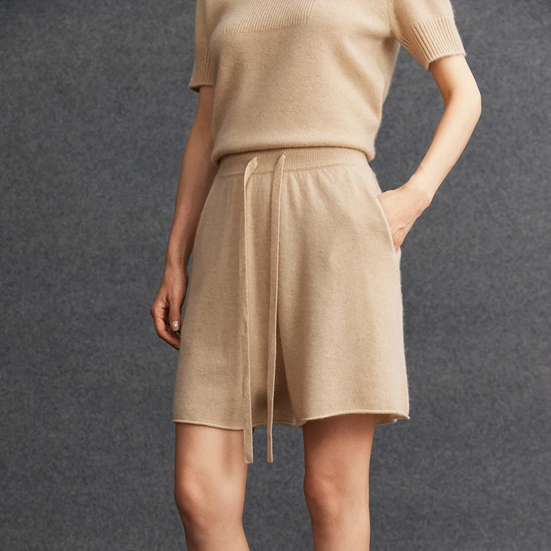 High quality Women 100% Cashmere Short Trousers  Spring Autumn Comfortable High-Waist Knitted Short Pants Female Lace-up Pants