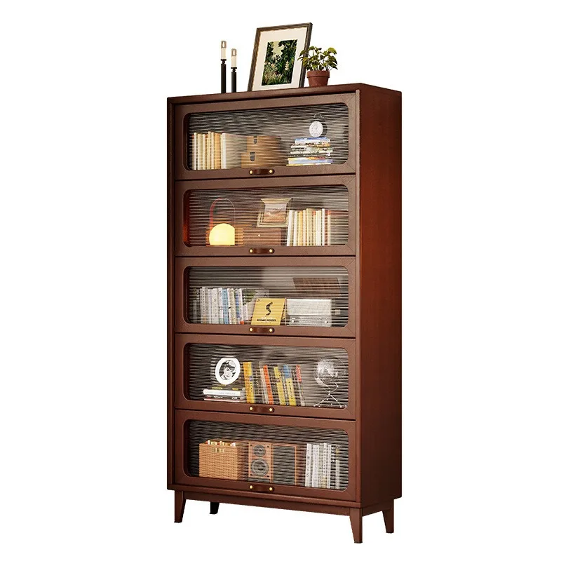 All-Solid Wood Bookshelf with Dustproof Glass Door Storage Floor-standing Home Living Room Combo