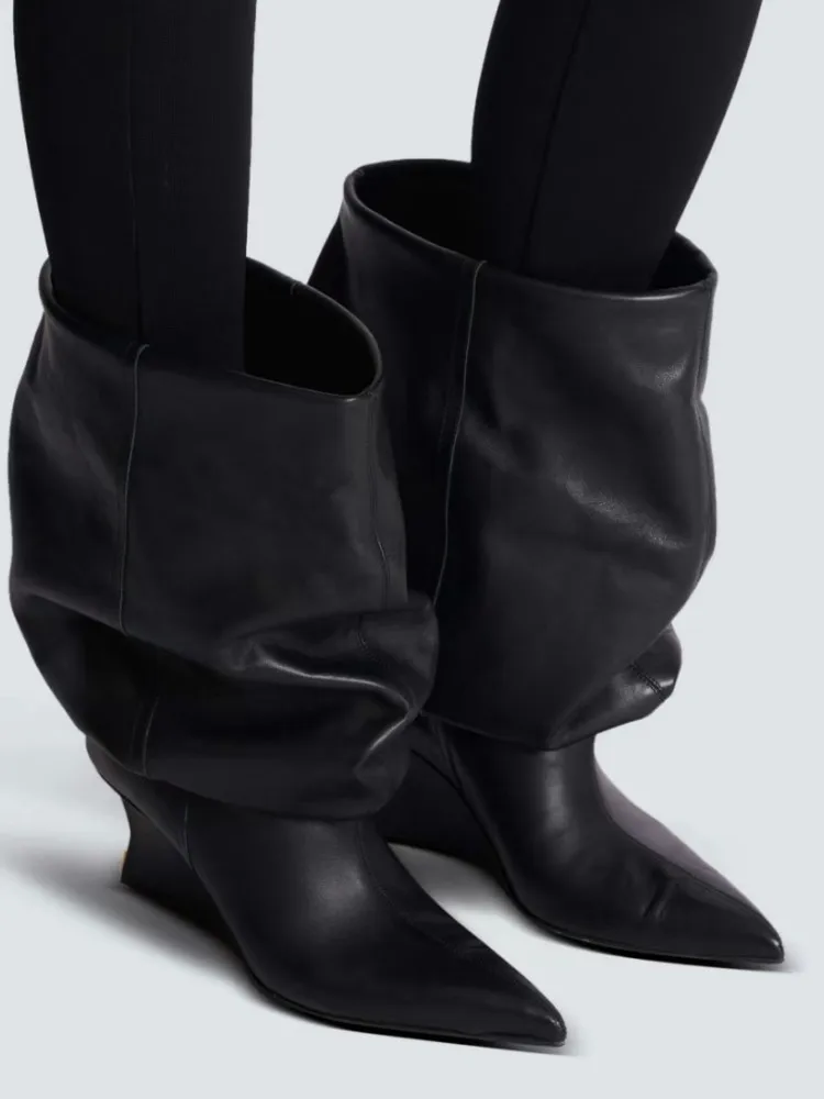 أحذية خريف وشتاء 2025 مدببة، نعل سميك، أحذية بكعب عالي، أحذية عالية للركبة، حفلة كومة مطوية، أحذية نسائية قصيرة كبيرة #3