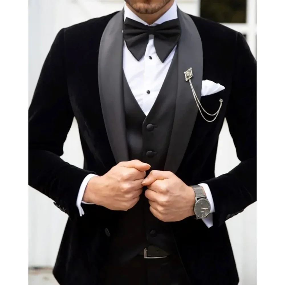 Elegant Men's Suits 3 Piece Fashion Shawl Lapel Single Button Tuxedos for Wedding Party Groom Slim Formal Velvet Male Suit