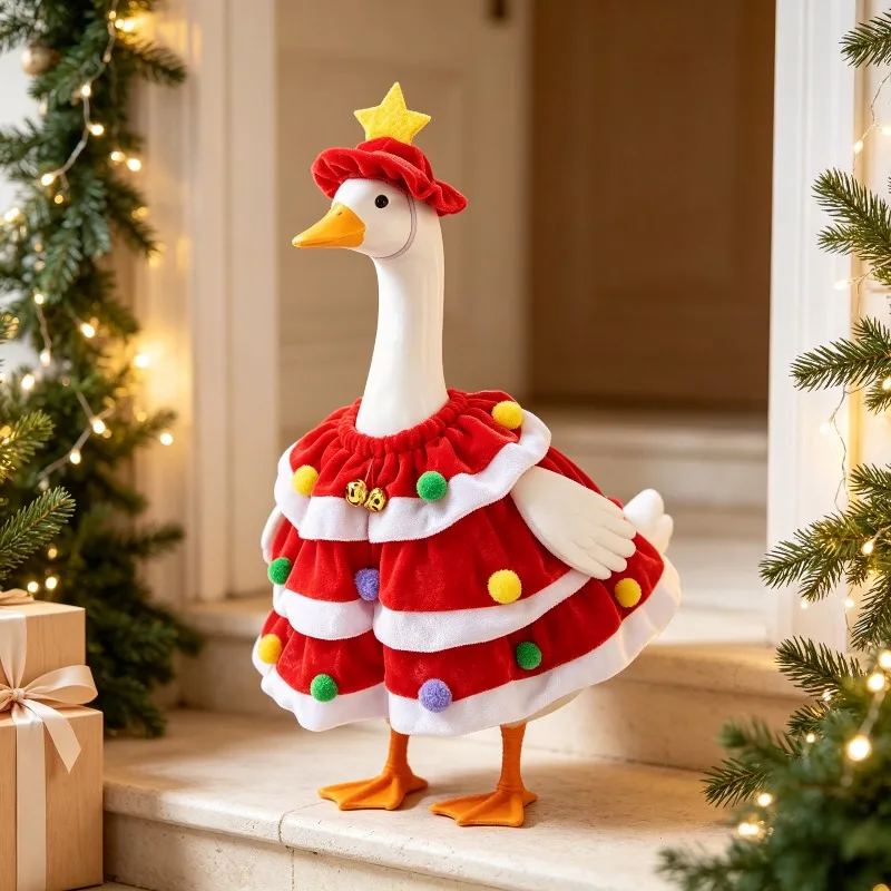 2026 Christmas Tree Porch Goose Outfit Set with Plaid Hat and Cape for 23 Inch White Goose Holiday Display (without Goose)