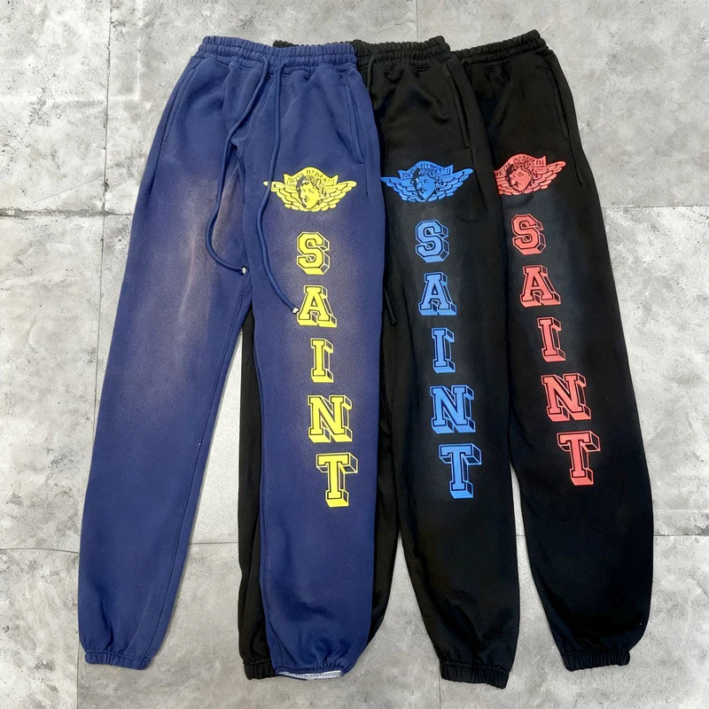 

Европейские и американские уличные модные брендовые брюки Saint, повседневные брюки в стиле ретро, мужские свободные спортивные штаны с буквенным принтом ангела