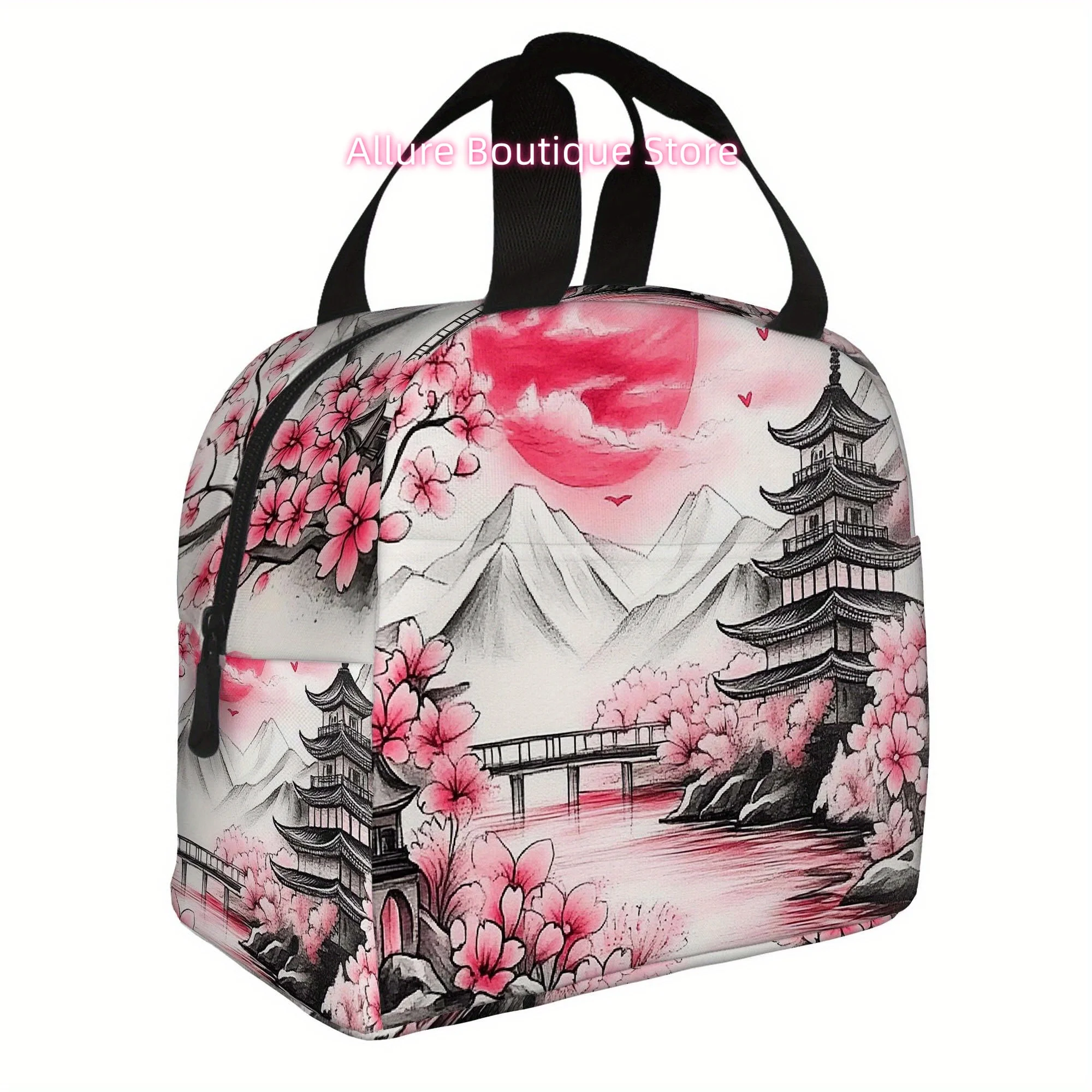 Bolsa térmica japonesa con diseño de pagoda de flor de cerezo, bolsa térmica para el almuerzo con superficie que no entrena en contacto con los alimentos, floral rosa, para el hogar, oficina, 1 unidad