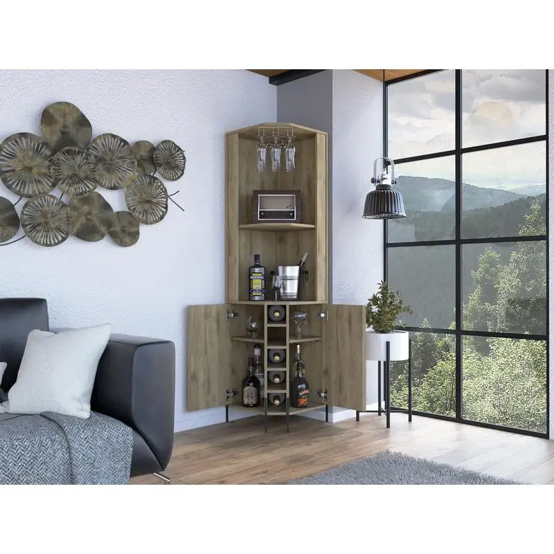 خزانة بار المكاديميا، رفين، 5 فتحات لرف النبيذ، تخزين أنيق للمنزل