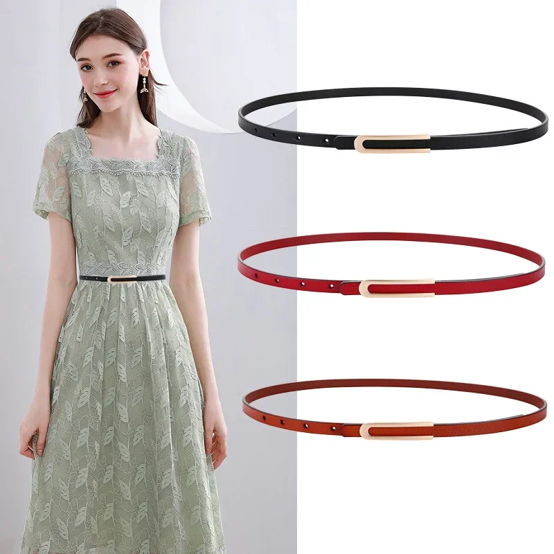 

Trend Genuine Leather Thin Belt Women Personality Metal Buckle Waist Strap Ladies Trouser Dress Decoration Waistband