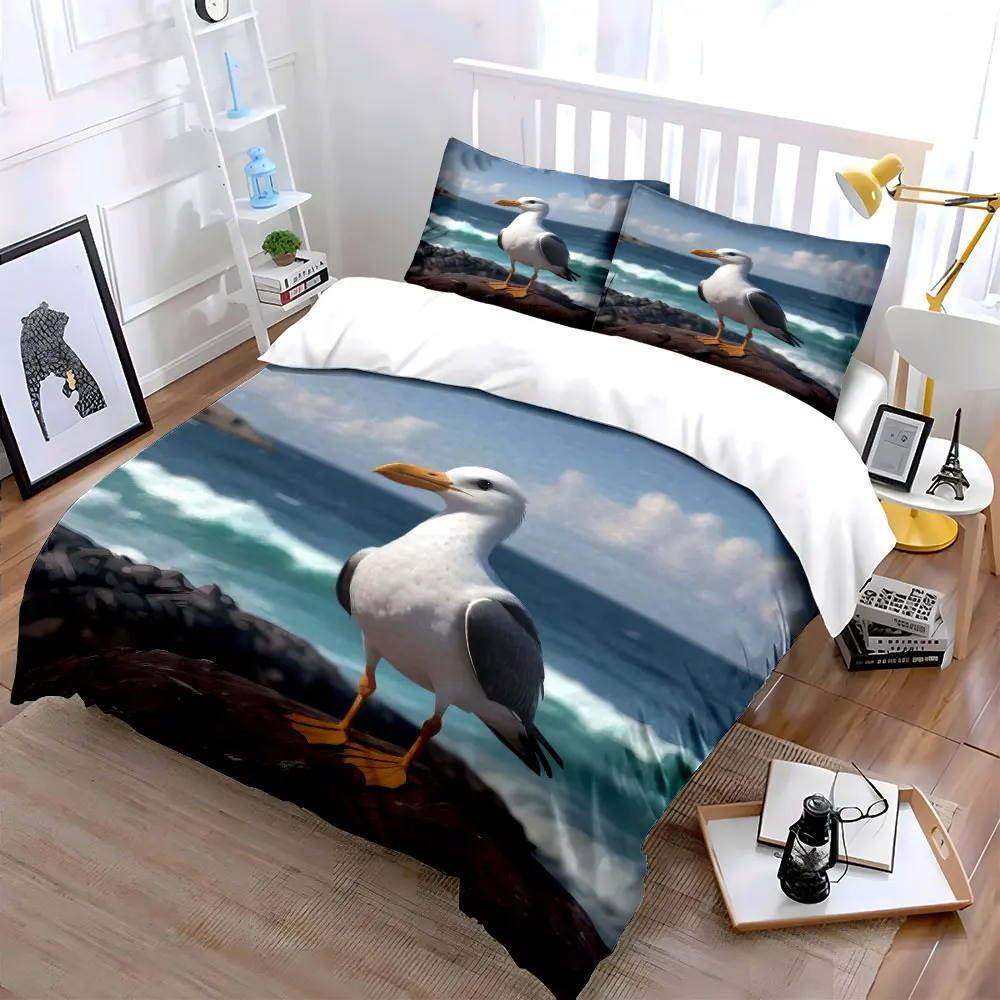 Seaside Bird Art Decor Set Soft Skin-Friendly Bedding Set Includes 1 Duvet Cover And 2 Pillowcase, Gift